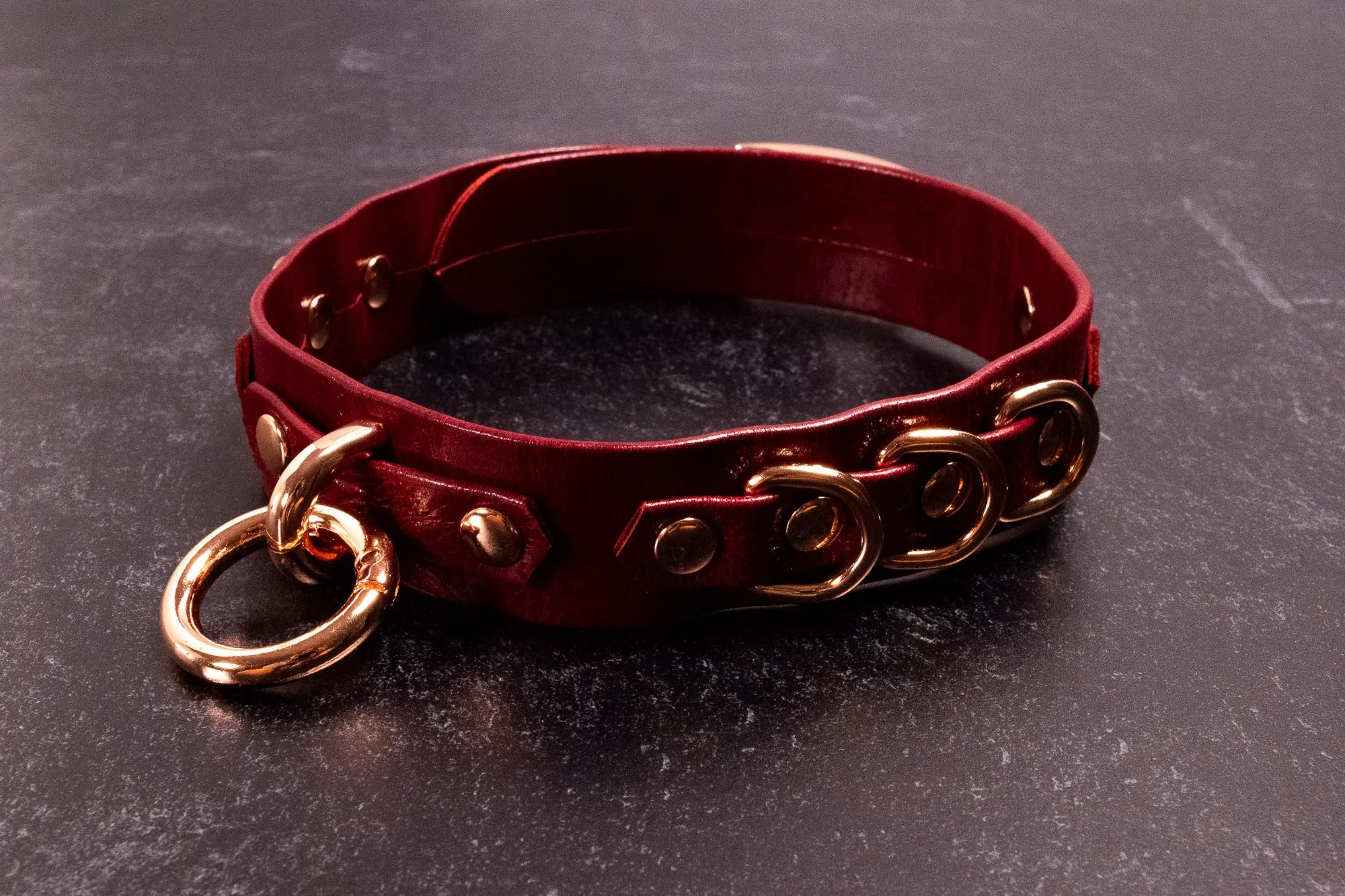 12" - 15" Rose Gold & Cherry Leather Collar _ LIMITED _