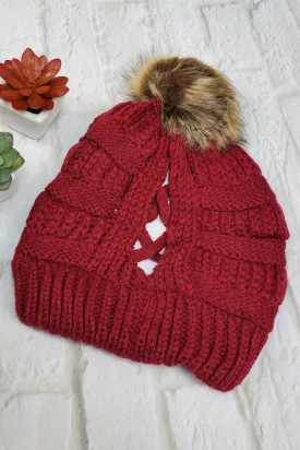 #14 Maroon Ponytail Pom-Pom Beanie