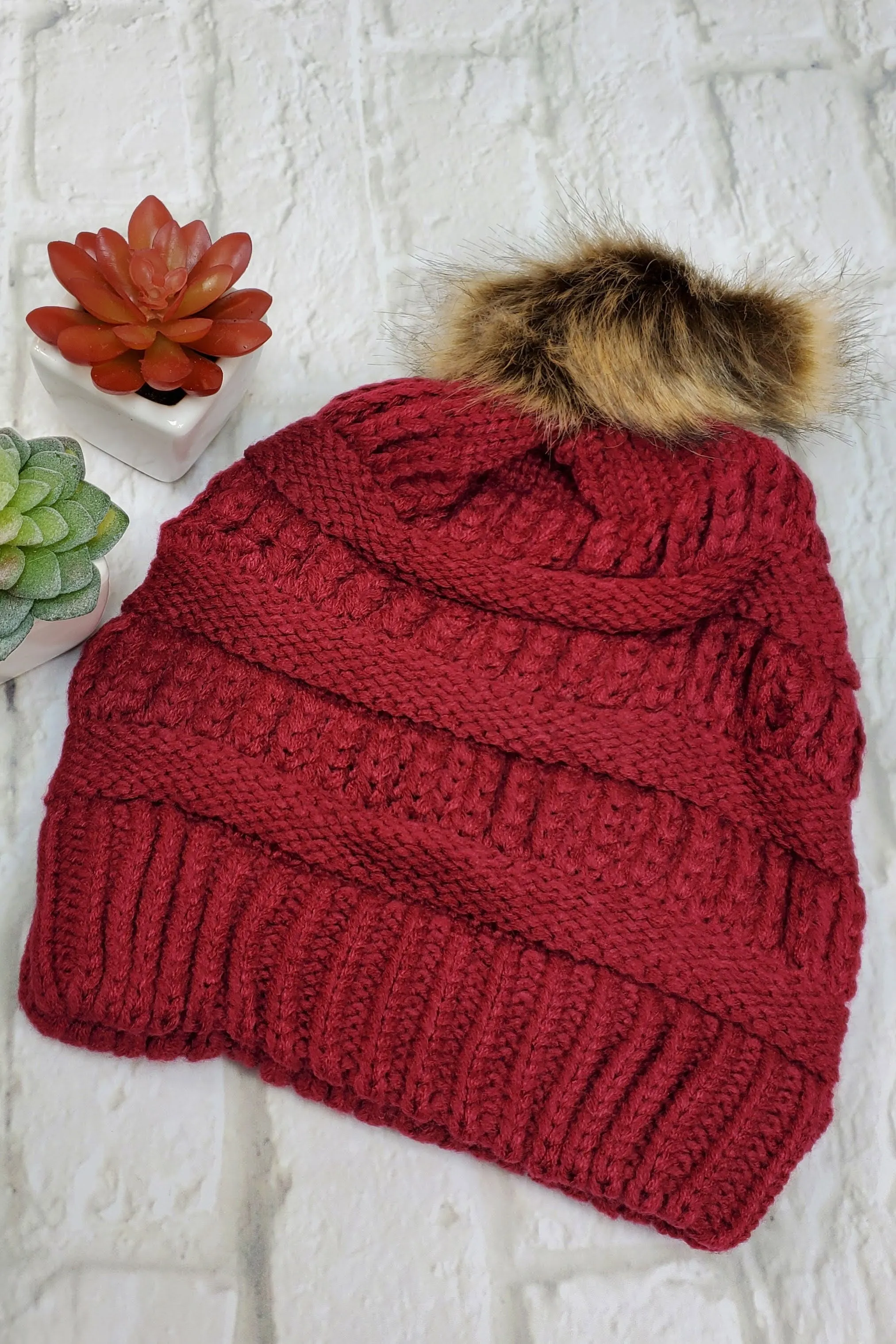 #14 Maroon Ponytail Pom-Pom Beanie