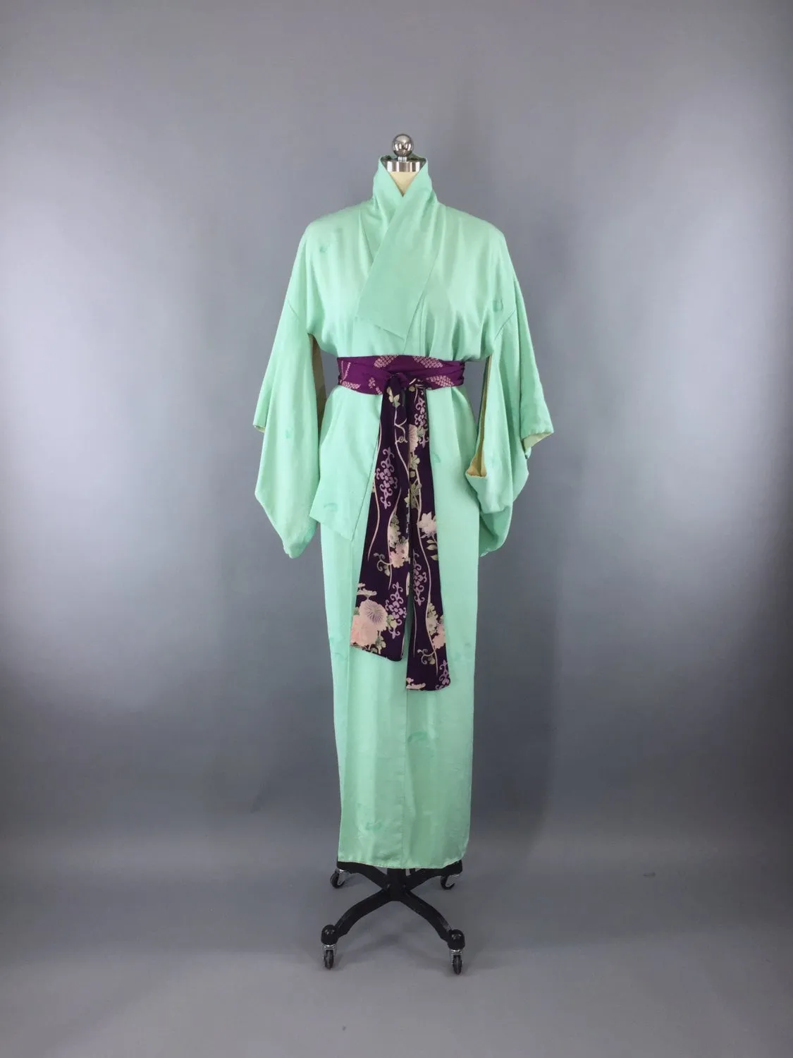 1950s Vintage Silk Kimono Robe in Mint Green