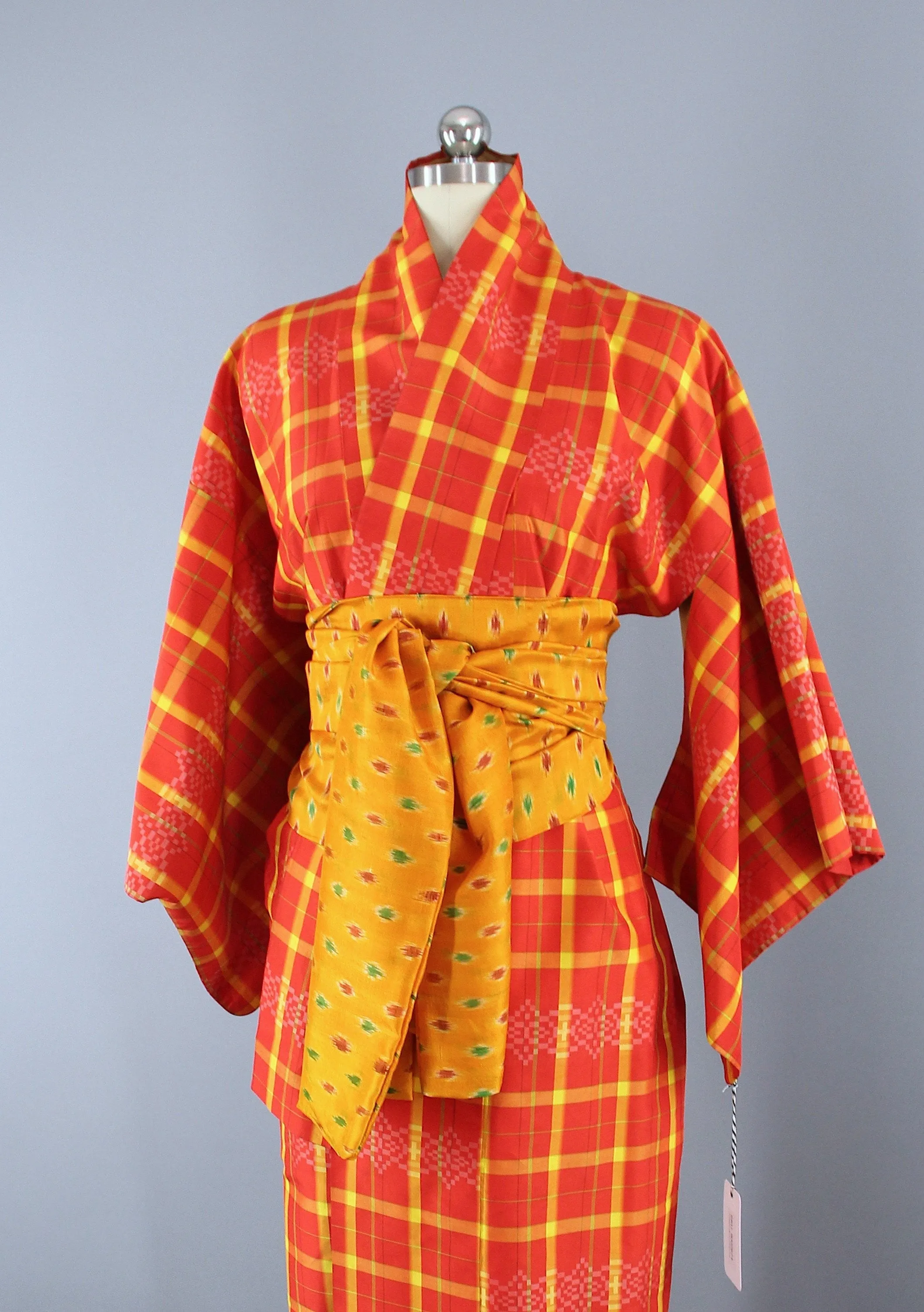 1950s Vintage Silk Kimono Robe / Orange & Yellow Plaid