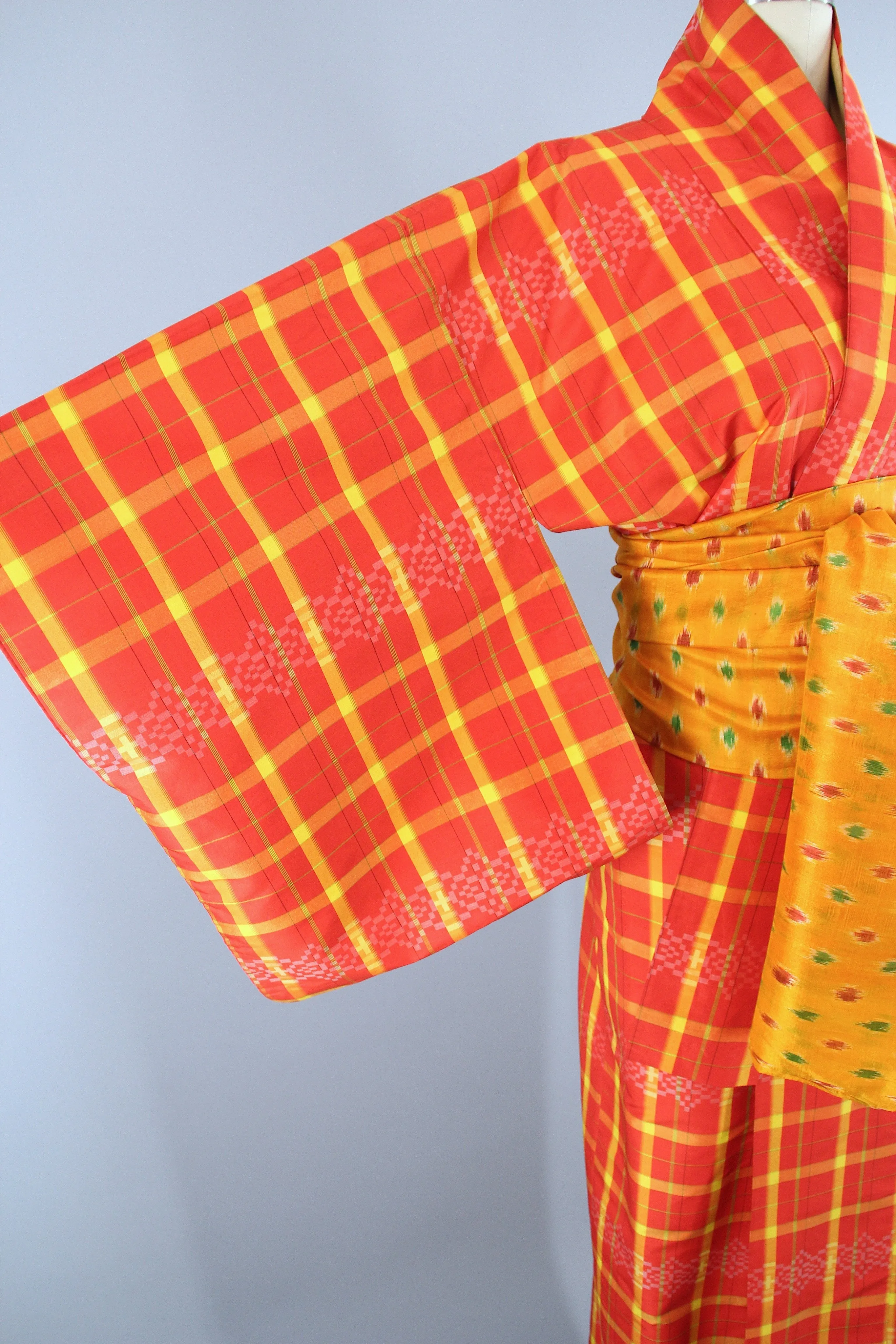 1950s Vintage Silk Kimono Robe / Orange & Yellow Plaid