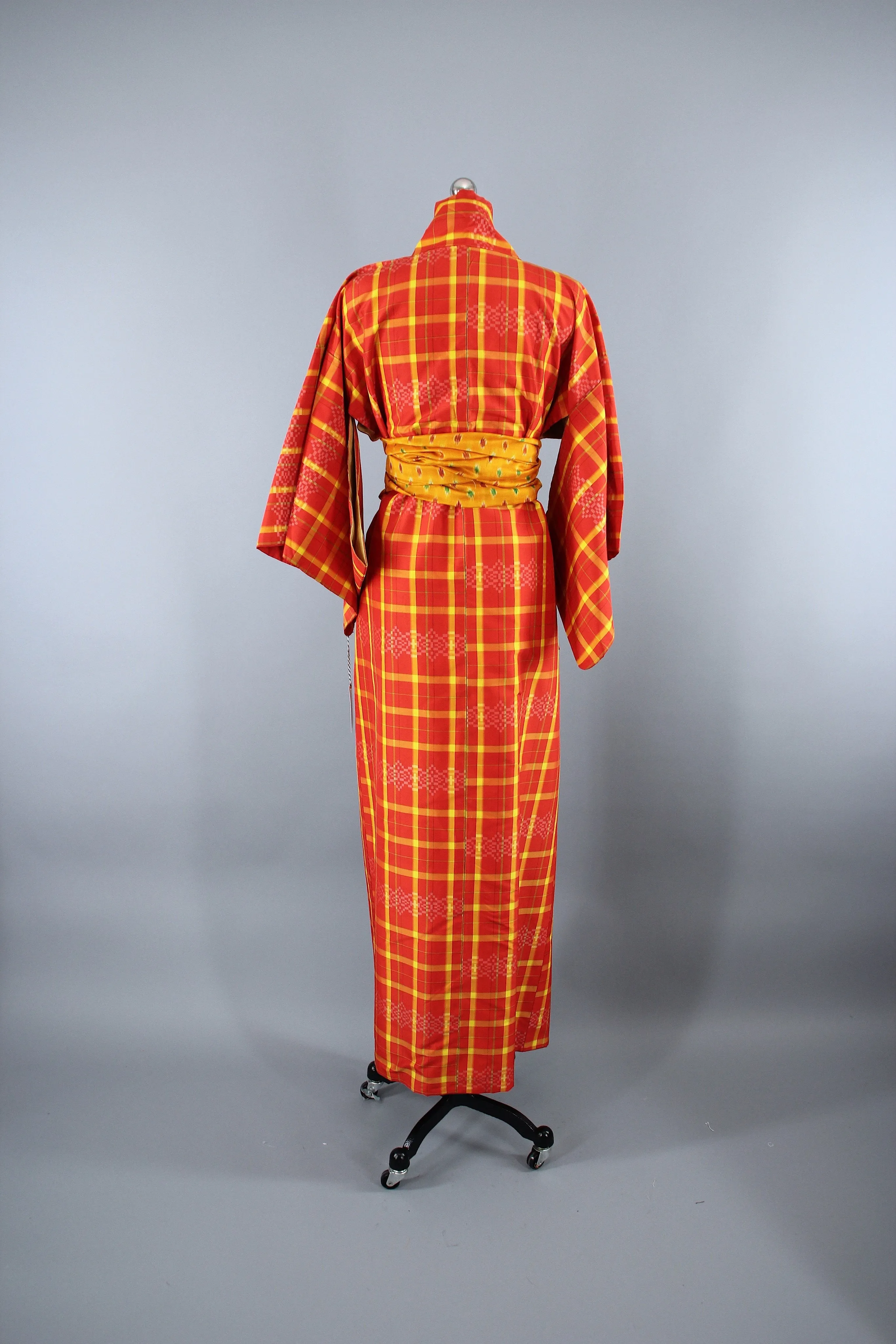 1950s Vintage Silk Kimono Robe / Orange & Yellow Plaid