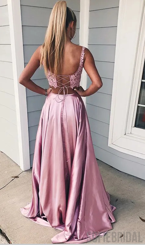 2 Pieces Pink Lace Satin Side Slit Long Prom Dresses, PD0840