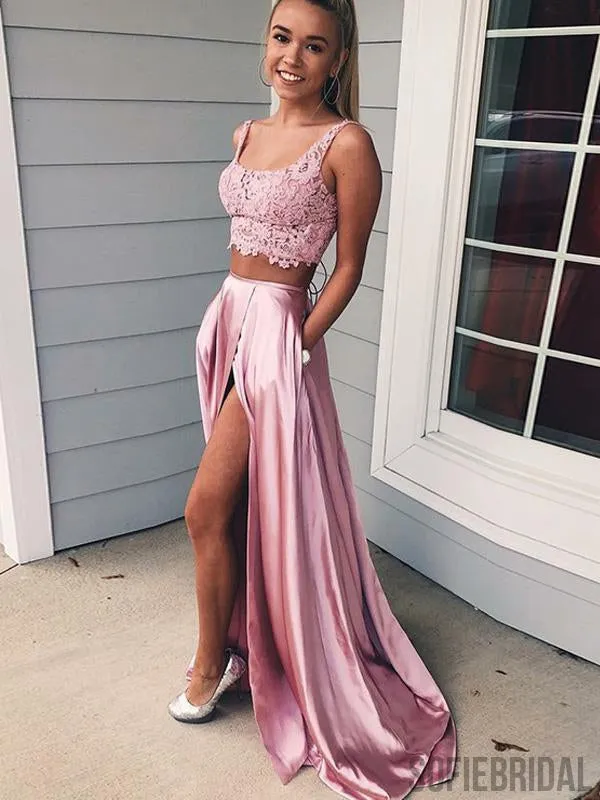 2 Pieces Pink Lace Satin Side Slit Long Prom Dresses, PD0840