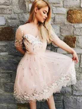 A-Line Bateau Pink Tulle Homecoming Dress With Appliques,Short Prom Dresses,BDY0332