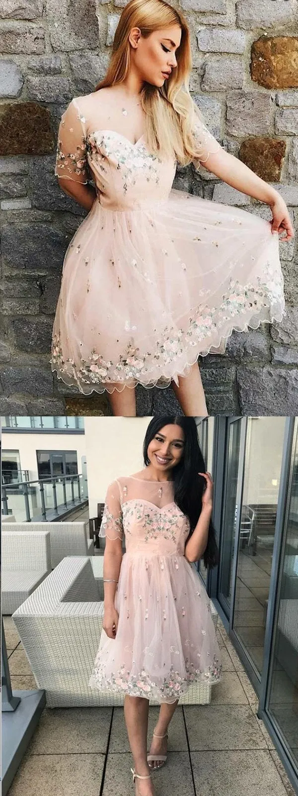 A-Line Bateau Pink Tulle Homecoming Dress With Appliques,Short Prom Dresses,BDY0332