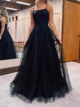 A Line Black Tulle Lace Long Prom Dress, Black Lace Evening Party Dress