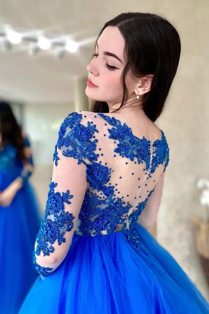 A Line Blue Tulle Lace Long Sleeves Long Prom Dresses, A Line Blue Tulle Lace Long Sleeves Long Formal Evening Dresses