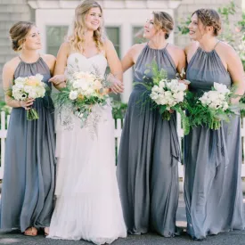 A-Line Crew Long Floor-Length Grey Chiffon Cheap Sleeveless Bridesmaid Dresses Online, TYP1014