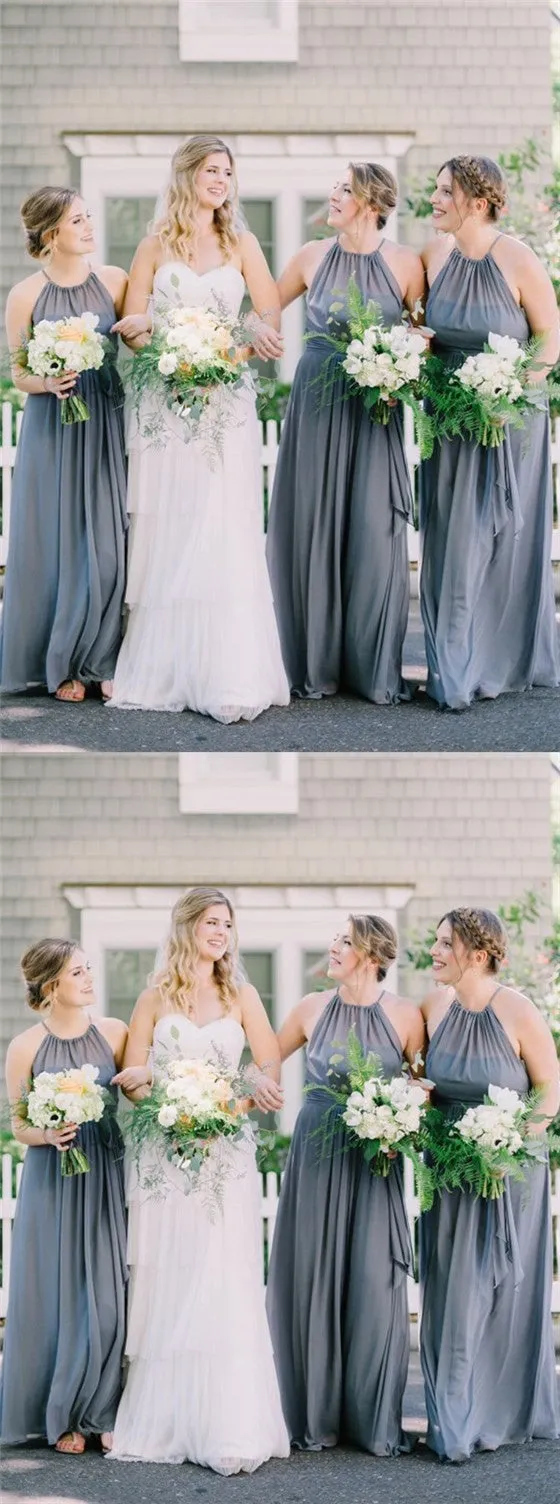 A-Line Crew Long Floor-Length Grey Chiffon Cheap Sleeveless Bridesmaid Dresses Online, TYP1014