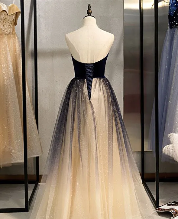 A-line Floor-length Strapless Lace-up Back Long Tulle Prom Dresses, PD1015