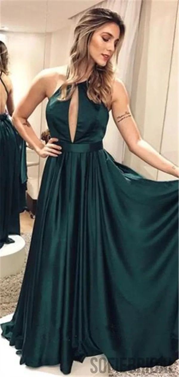 A-line Halter Green Backless Long Popular Prom Dresses, PD0057