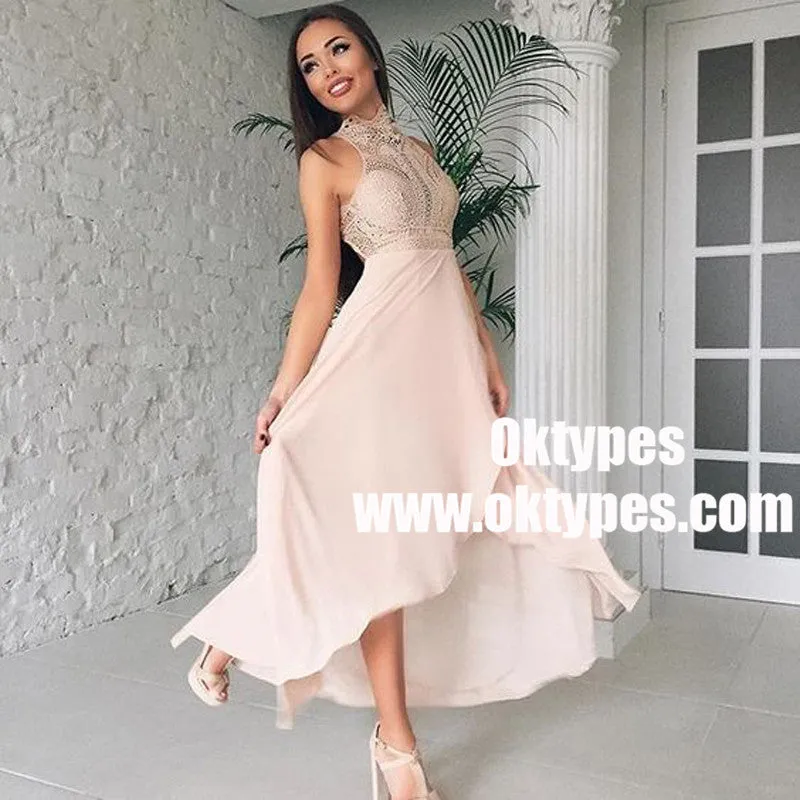 A-Line High Neck High Low Pink Long Bridesmaid Dress with Lace, TYP0935