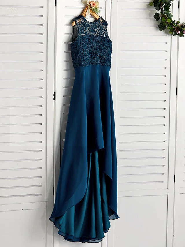 A-Line Jewel Neck Asymmetrical Chiffon Lace Junior Bridesmaid Dress