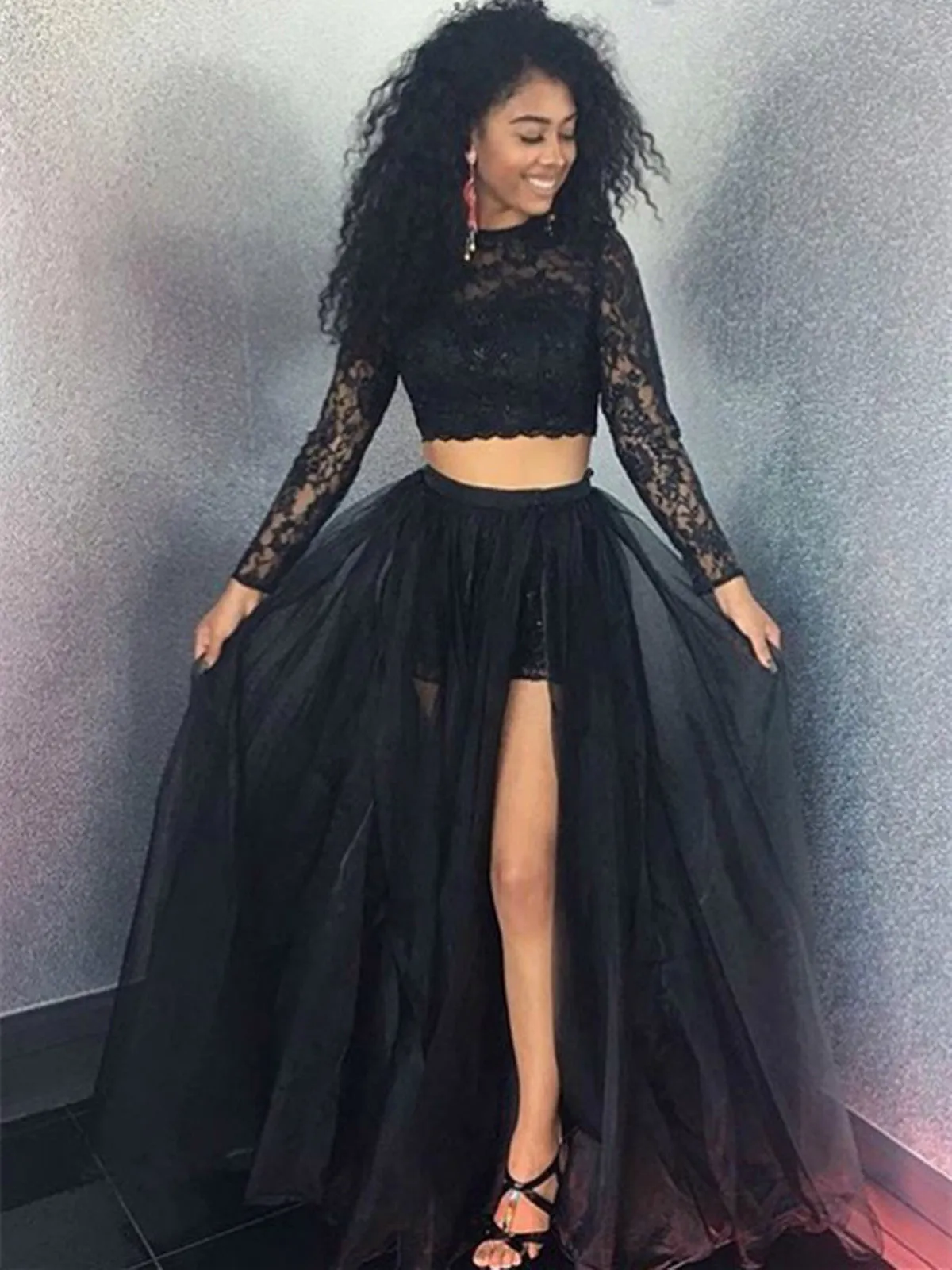 A Line O-Neck Two Pieces Black  Long Sleeves Lace Long Prom Dresses, Two Pieces Black Lace Evening Dresses