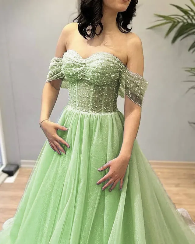 A-Line Princess Light Green Beaded Tulle Off-the-shoulder Dress Prom Dresses