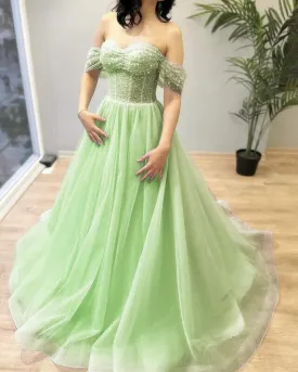 A-Line Princess Light Green Beaded Tulle Off-the-shoulder Dress Prom Dresses