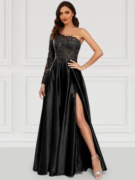 A-Line Prom Dresses Black Dress Party Wear Floor Length Long Sleeve One Shoulder Satin with Slit