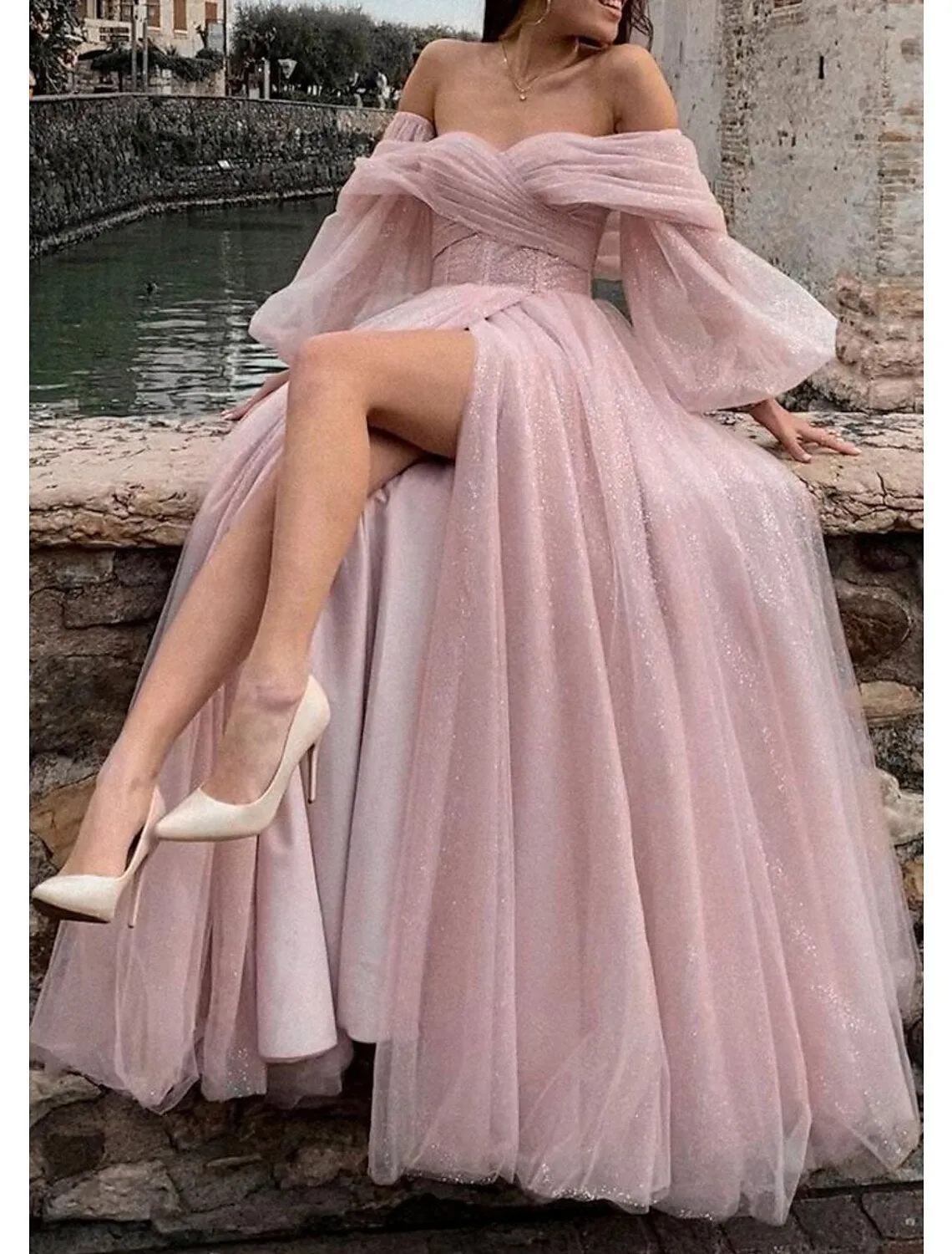 A-Line Prom Dresses Corsets Dress Formal Wedding Party Dress Floor Length Long Sleeve Off Shoulder Tulle with Glitter Ruched Slit