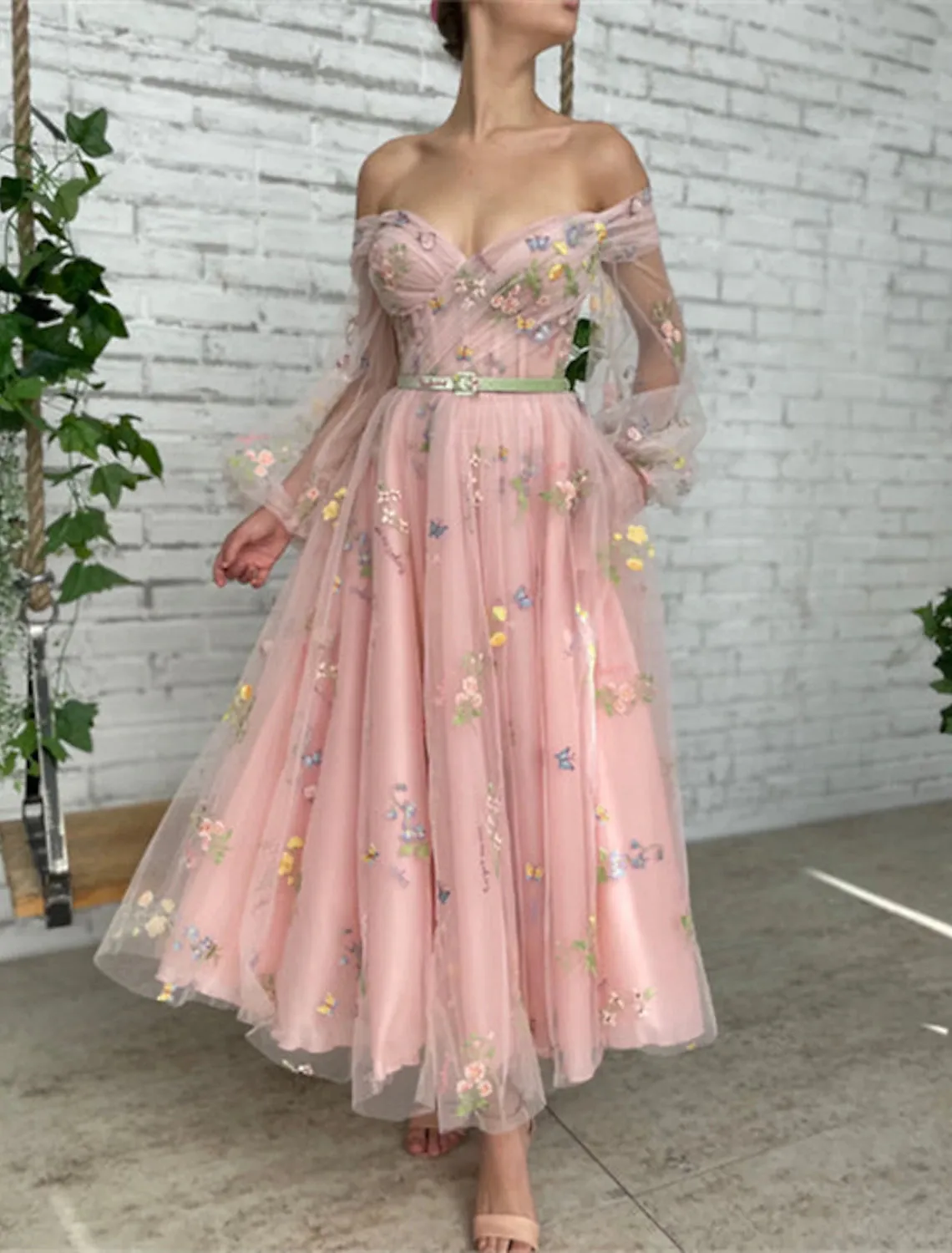 A-Line Prom Dresses Floral Dress Birthday Garden Party Ankle Length Long Sleeve Off Shoulder Fall Wedding Guest Lace with Embroidery Appliques