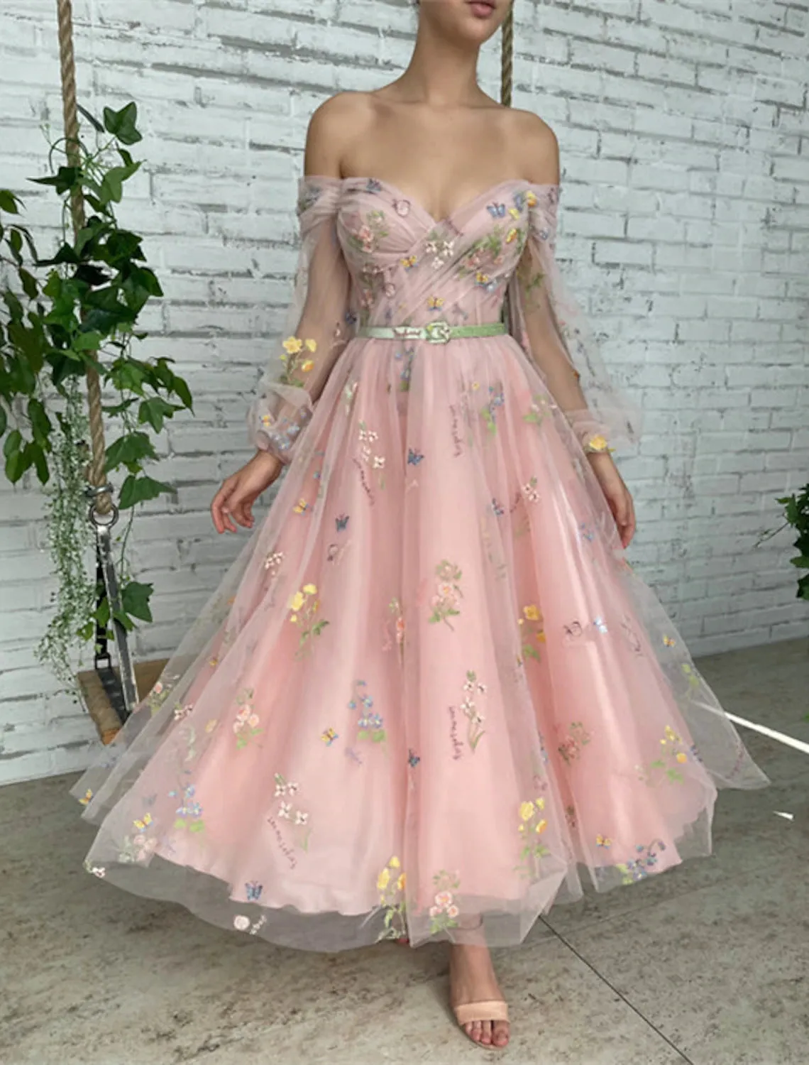 A-Line Prom Dresses Floral Dress Birthday Garden Party Ankle Length Long Sleeve Off Shoulder Fall Wedding Guest Lace with Embroidery Appliques