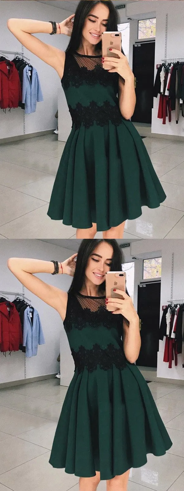 A-Line Round Neck Green Short Lace Homecoming Dress,Short Prom Dresses,BDY0343