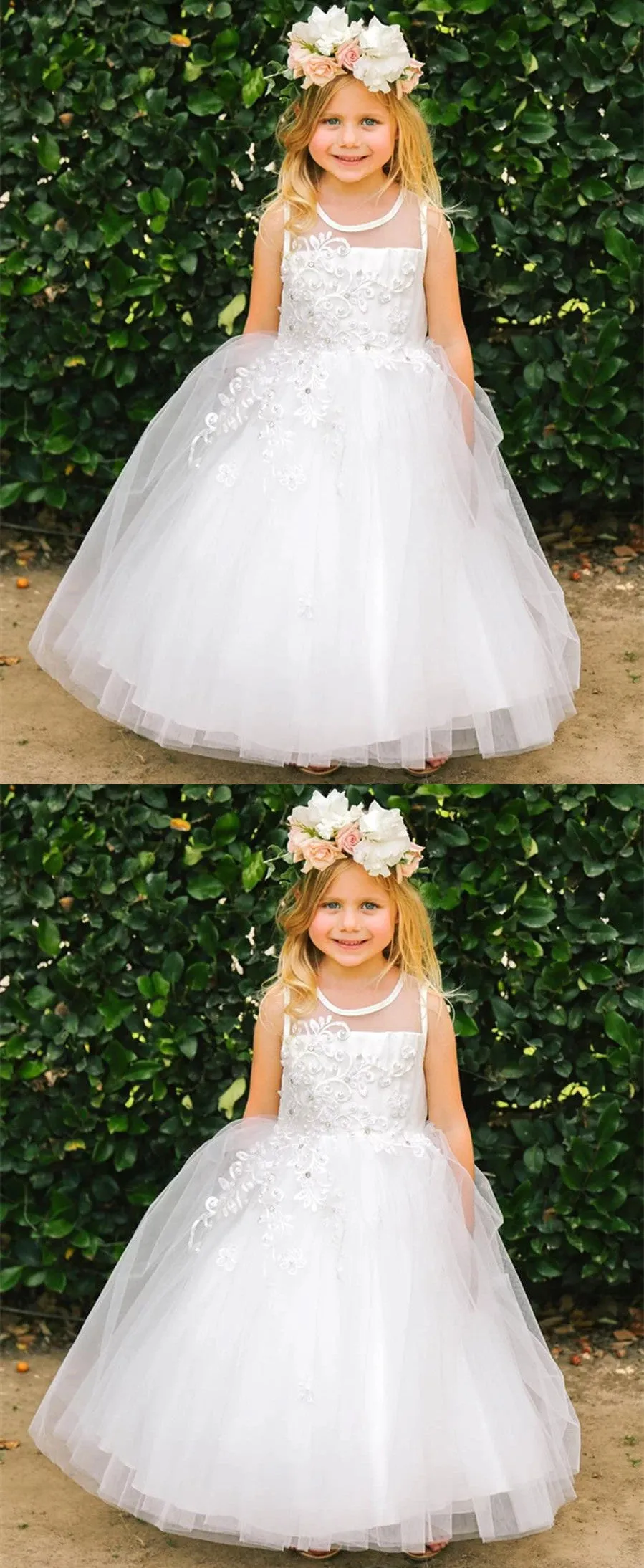 A-line Round Neck Sleeveless Lace Appliques Flower Girl Dresses, FG0143