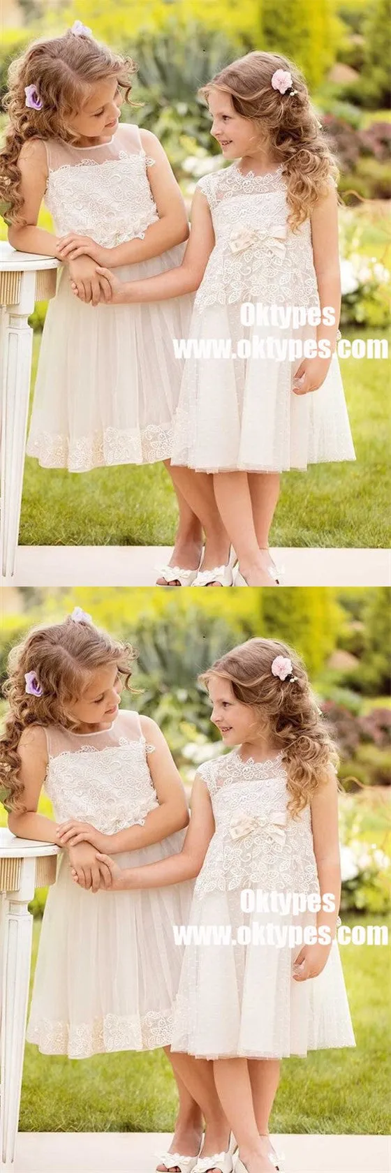 A-Line Round Neck White Lace Flower Girl Dress with Lace Bow Knot, TYP0890