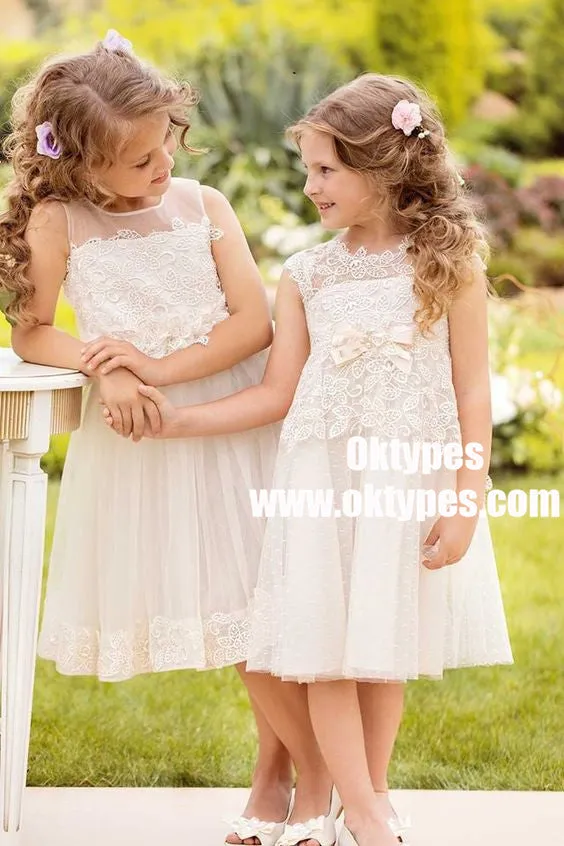 A-Line Round Neck White Lace Flower Girl Dress with Lace Bow Knot, TYP0890