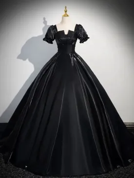 A-Line Short Sleeve Black Satin Long Prom Dress, Black Long Formal Dress