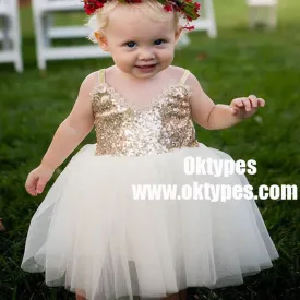 A-Line Straps White Tulle Flower Girl Dress with Lace Sequins, TYP0869