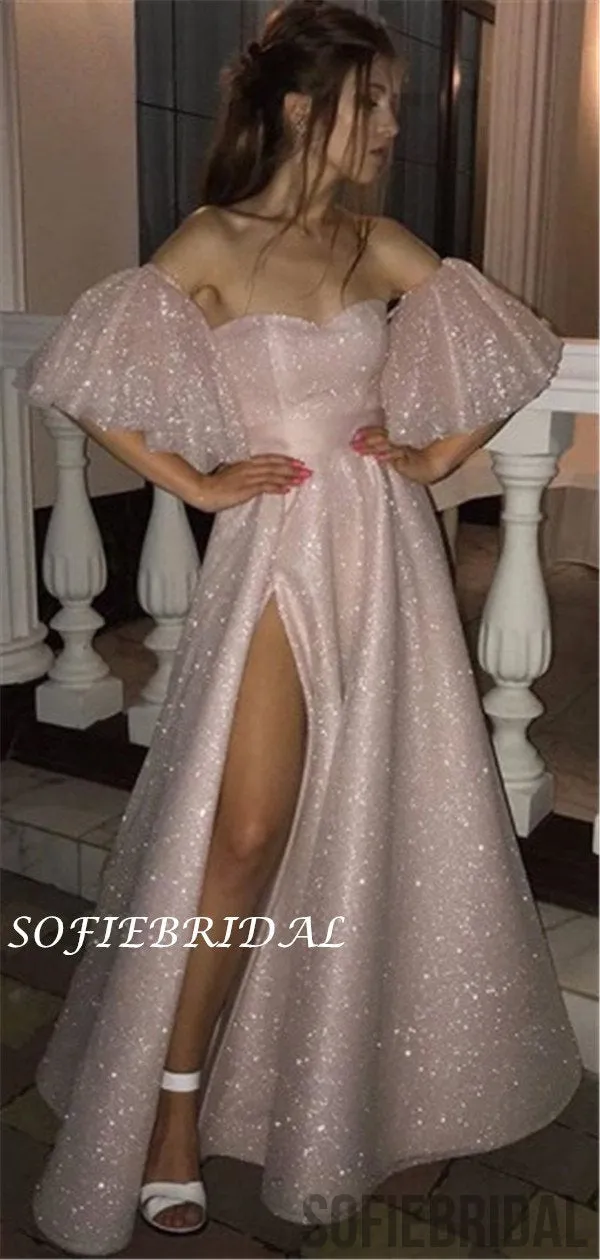 A-line Sweetheart Off-shoulder Saprkly Prom Dresses With Split, PD1042