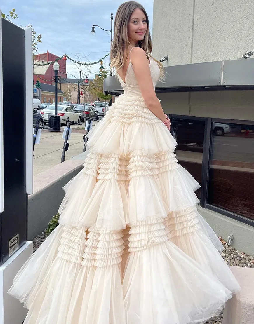 A Line Tiered Long Tulle Princess Prom Dress,BD930634