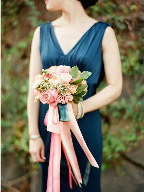 A-Line V-Neck Backless Navy Blue Cheap Bridesmaid Dress, BD1008