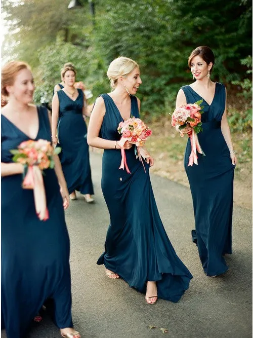 A-Line V-Neck Backless Navy Blue Cheap Bridesmaid Dress, BD1008