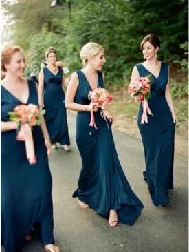 A-Line V-Neck Backless Navy Blue Cheap Bridesmaid Dress, BD1008