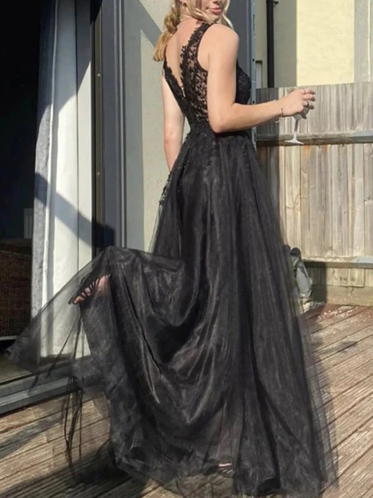 A Line V Neck Black Lace Tulle Long Prom Dresses, Black Lace Formal Dresses, Black Evening Dresses SP2595