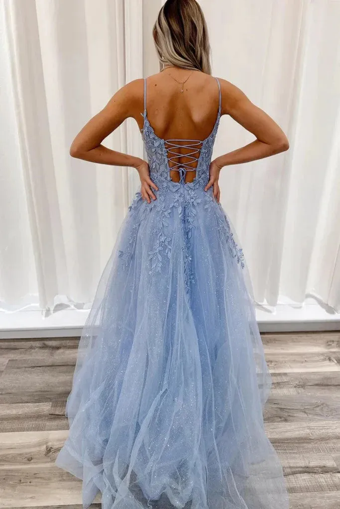 A Line V Neck Open Back Blue Lace Long Prom Dresses, V Neck Open Back Blue Lace Formal Evening Dresses