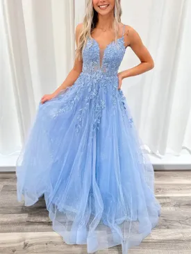 A Line V Neck Open Back Blue Lace Long Prom Dresses, V Neck Open Back Blue Lace Formal Evening Dresses