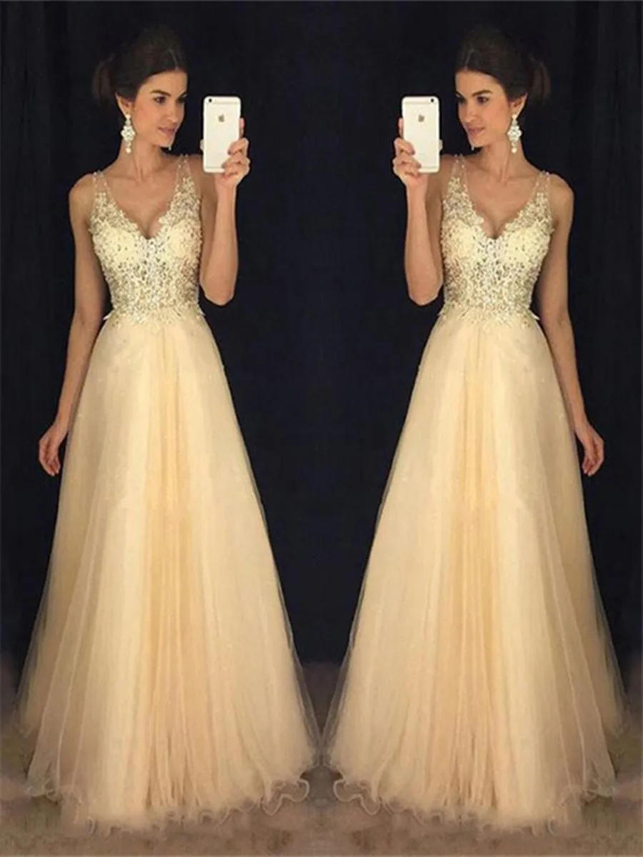 A-line V-neck Tulle Appliques Lace Floor-length Backless Prom Dresses, Backless Formal Dress