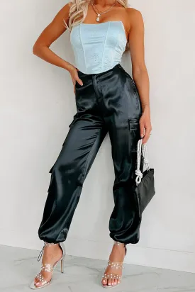 A Step Above Average Satin Cargo Pants (Black)