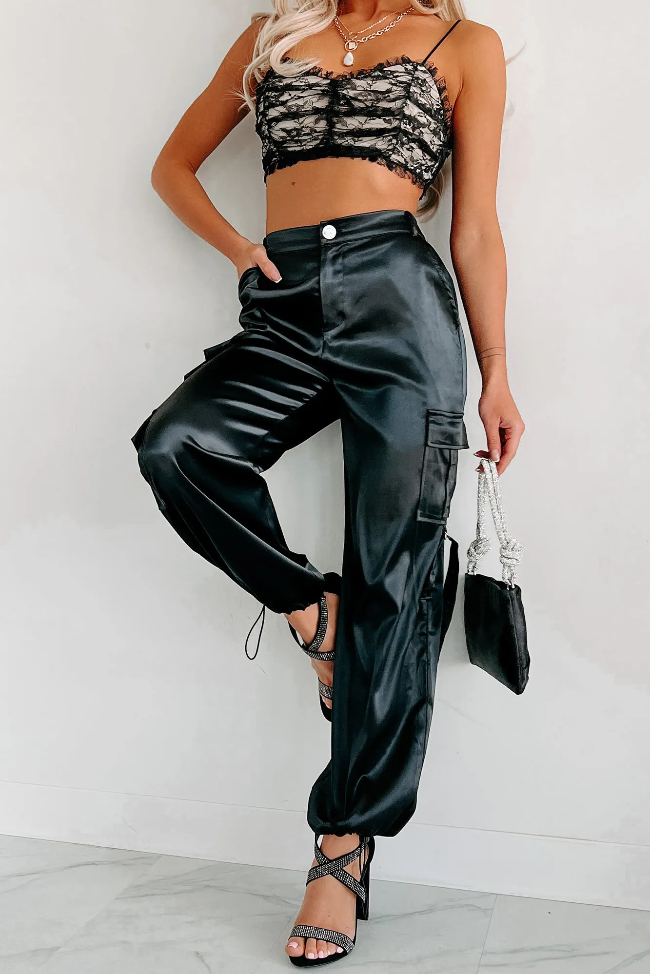 A Step Above Average Satin Cargo Pants (Black)