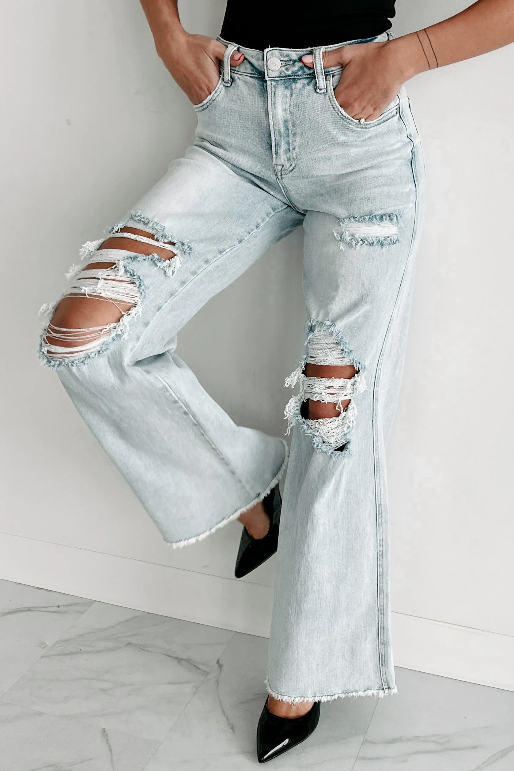 Abrielle High Rise Distressed Risen Wide Leg Jeans (Light)