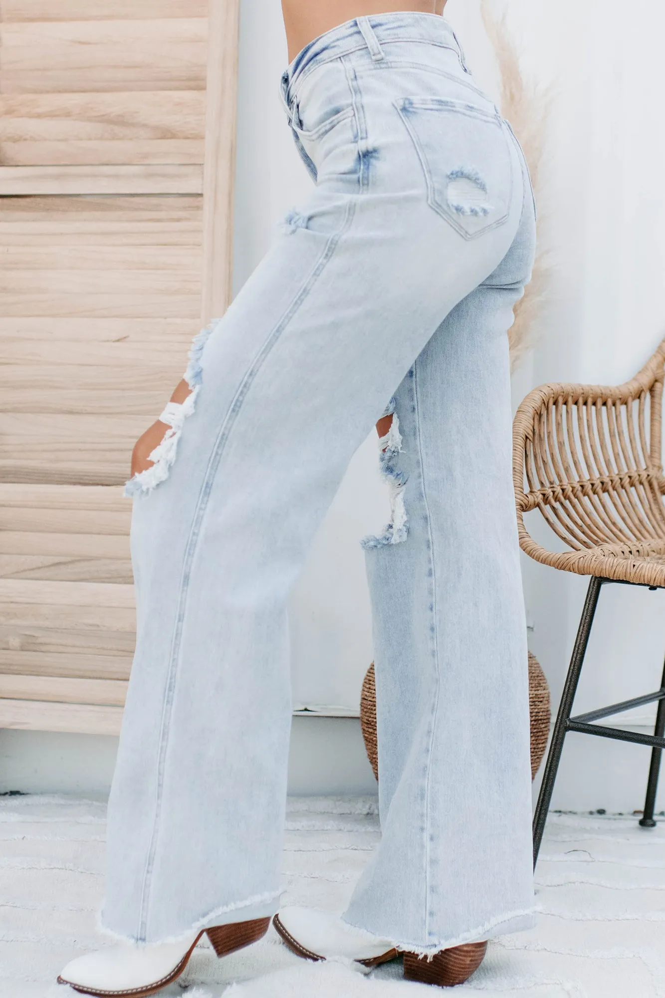 Abrielle High Rise Distressed Risen Wide Leg Jeans (Light)