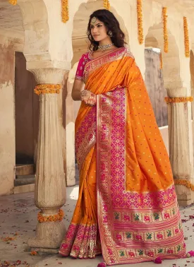 Aesthetic Orange Color Silk Fabric Occasion Wear Silk Weave Saree