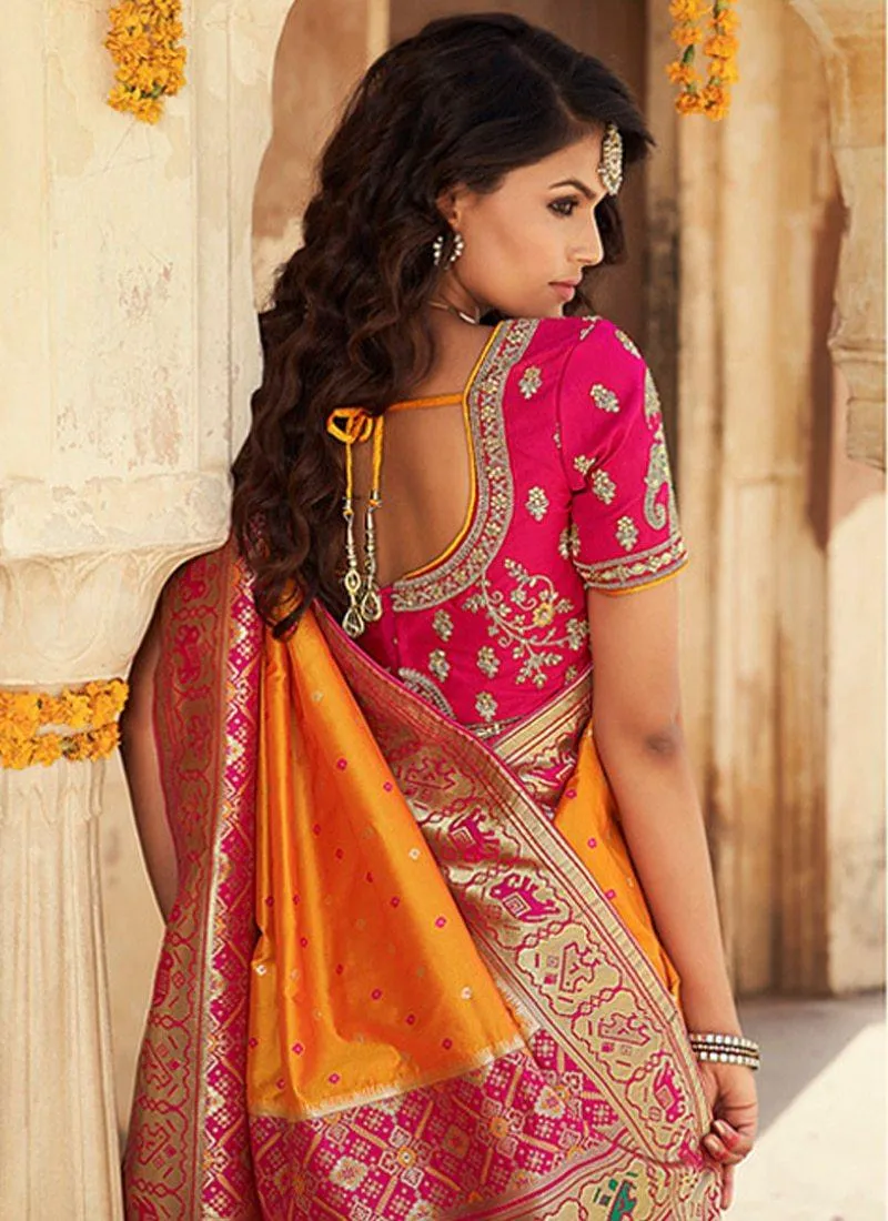 Aesthetic Orange Color Silk Fabric Occasion Wear Silk Weave Saree