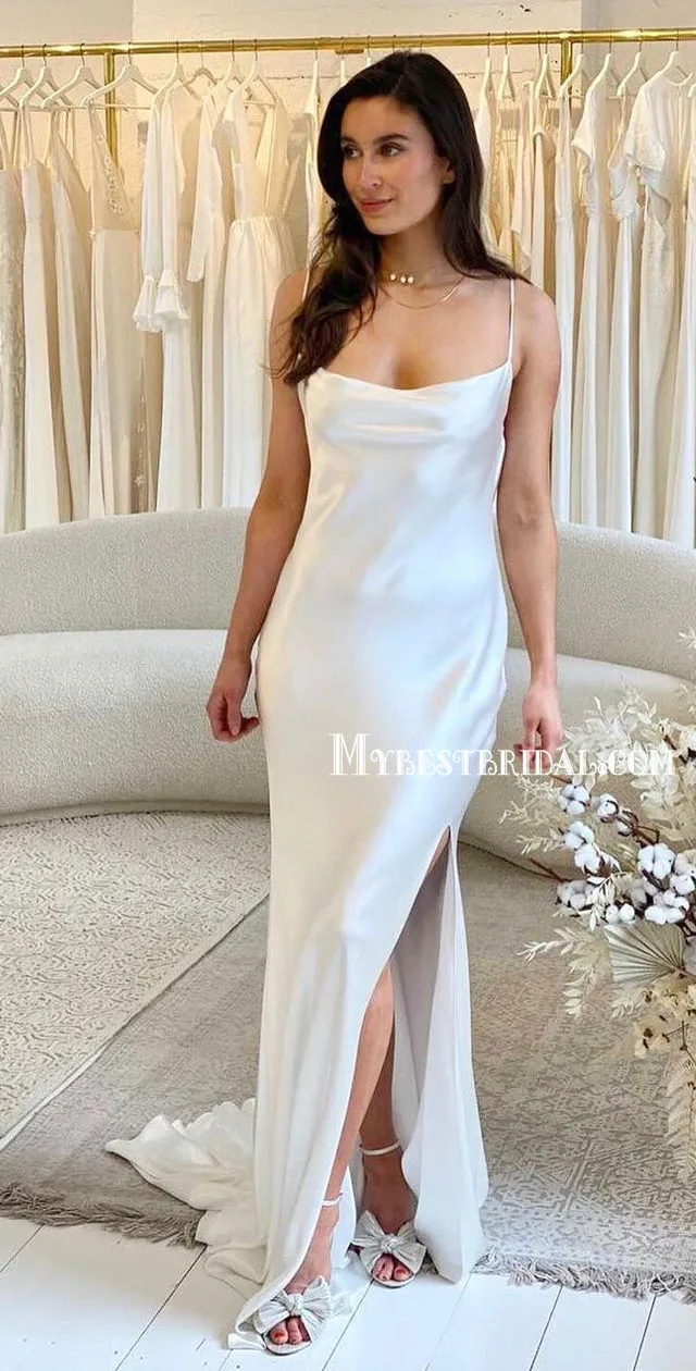 Affordable Spaghetti Straps Unique Side Slit Wedding Dresses Online, WDY0361