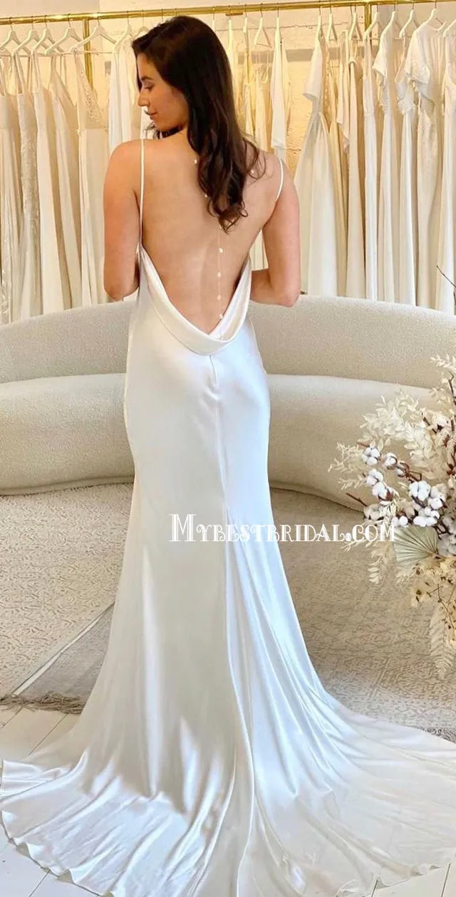 Affordable Spaghetti Straps Unique Side Slit Wedding Dresses Online, WDY0361