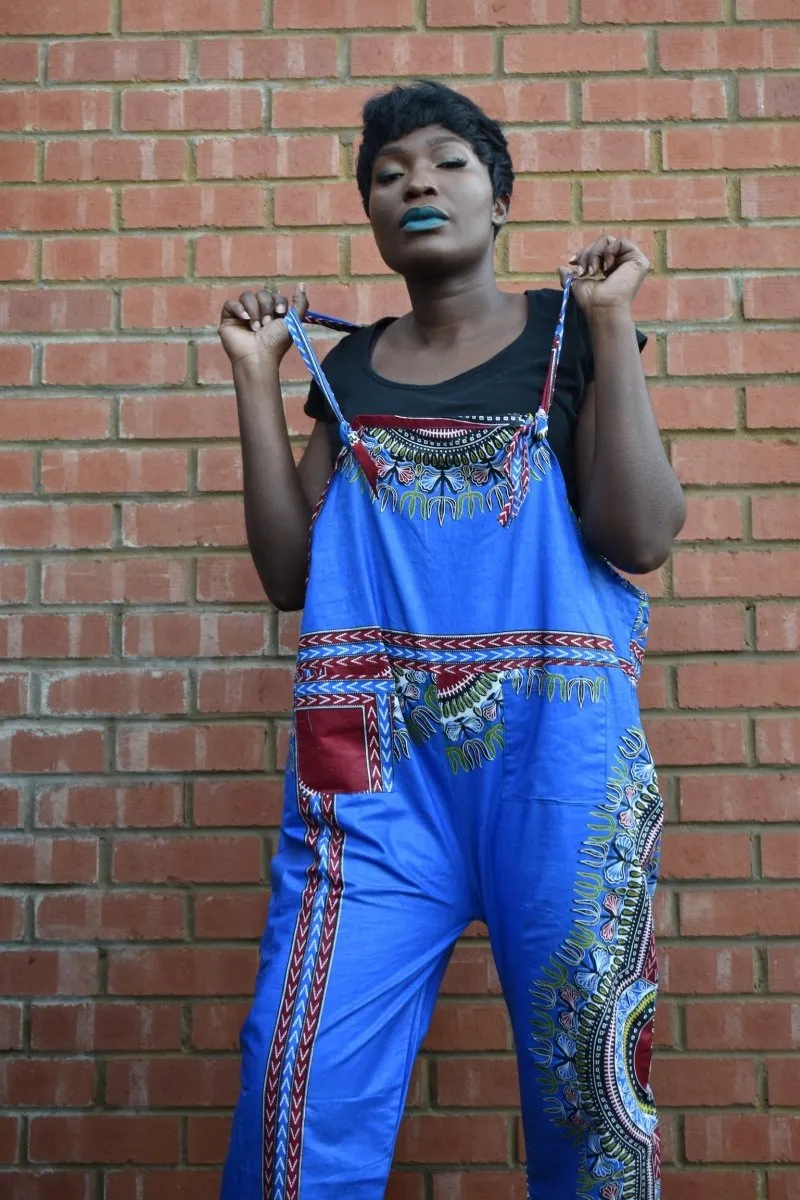 African Dungarees in Blue Dashiki Print - Festival Dungarees